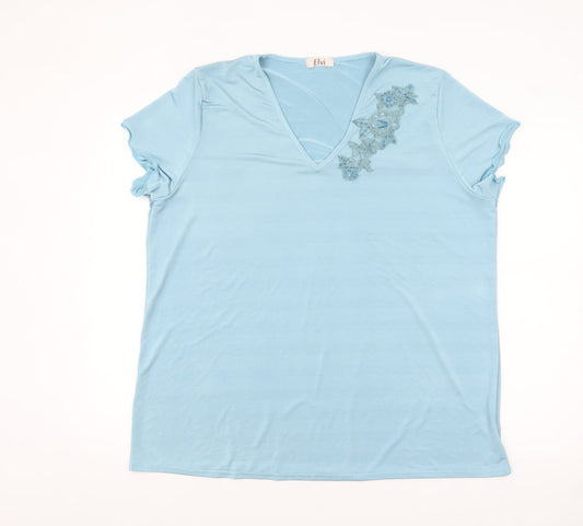 ELVI Women's Blue V-Neck Stretch T-Shirt Size 16