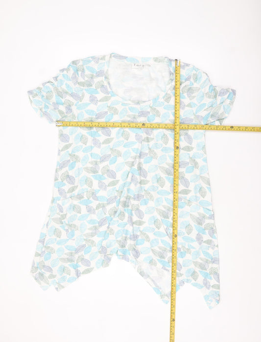 Tara Women Blue Leaf Print Cotton Tunic T-Shirt Size M