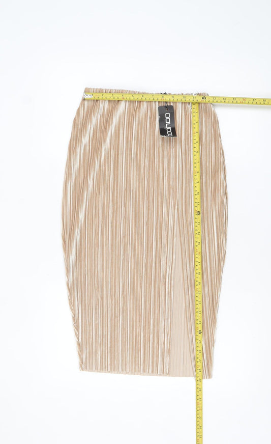 Boohoo Women Beige Velvet Pleated Midi Pencil Skirt Size 12