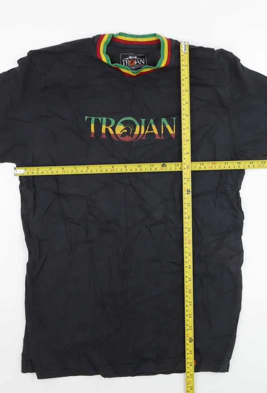 Trojan Records Men's Black Rasta Trim Cotton T-Shirt L Music Retro