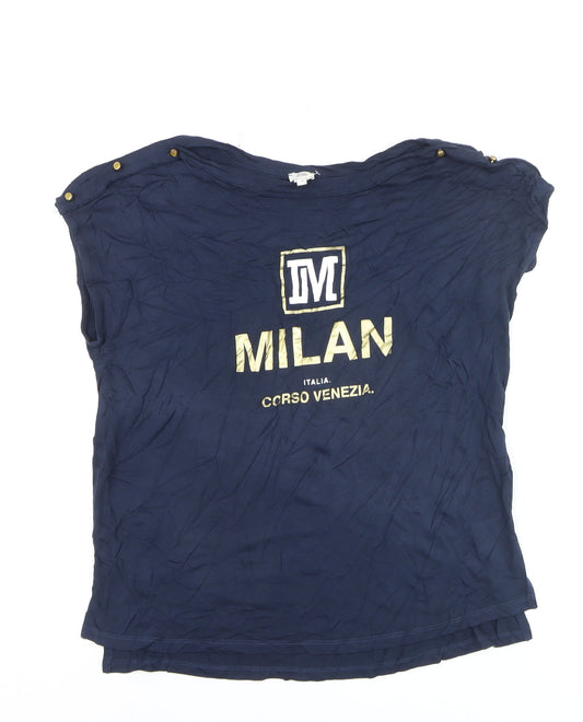 River Island Womens Blue Gold Milan Print Viscose T-Shirt Size 10