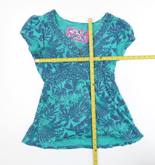 Mantaray Womens Blue Floral Cotton Tunic Blouse Size 8 Short Sleeve