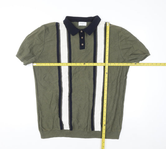 Easy Men's Green Striped Knit Polo Shirt XL Short Sleeve Cotton Blend