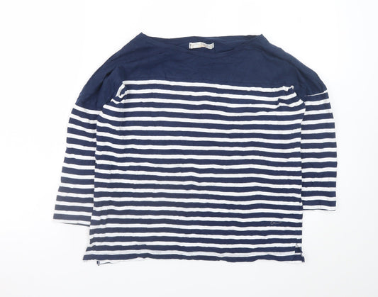 Pull&Bear Women's Blue Striped Boat Neck 3/4 Sleeve Cotton Top S