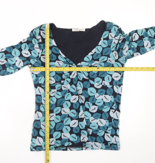 Laura Ashley Women's Blue Leaf Print V-Neck Cotton Tunic Blouse UK14