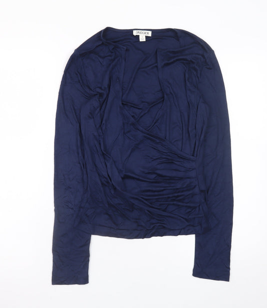 Jaeger Womens Blue Viscose Wrap Blouse Size 8 Long Sleeve