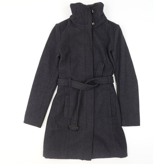 Mango Women Black Wool Blend Belted Overcoat XS