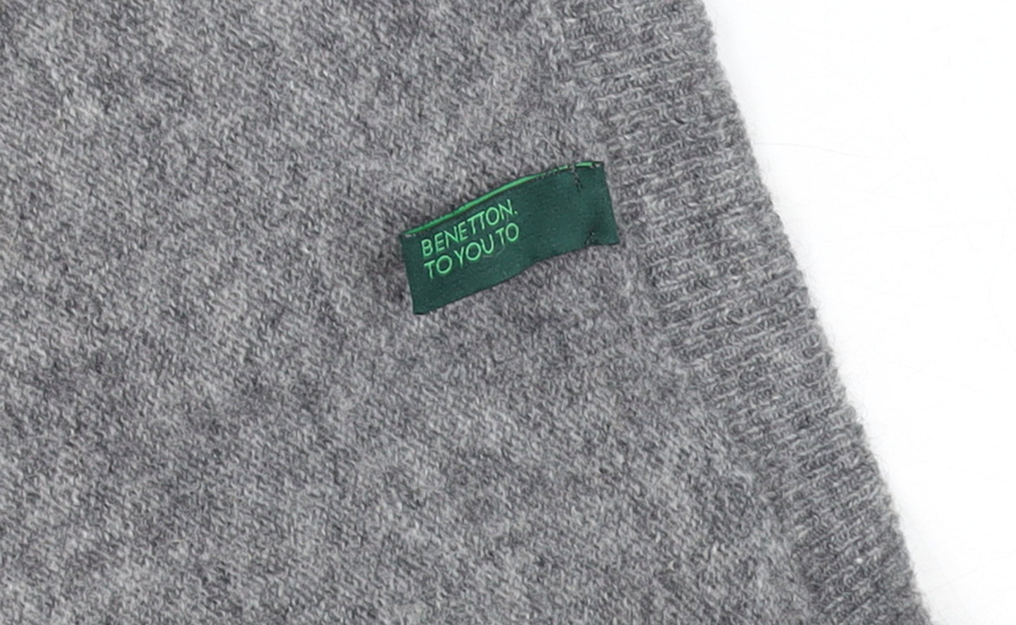 Benetton Women Grey Yellow Heart Wool Blend V-Neck Jumper Size M