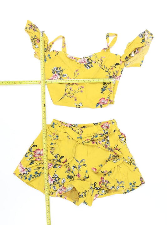 Bershka Women's Yellow Floral Ruffle Two-Piece Playsuit XS