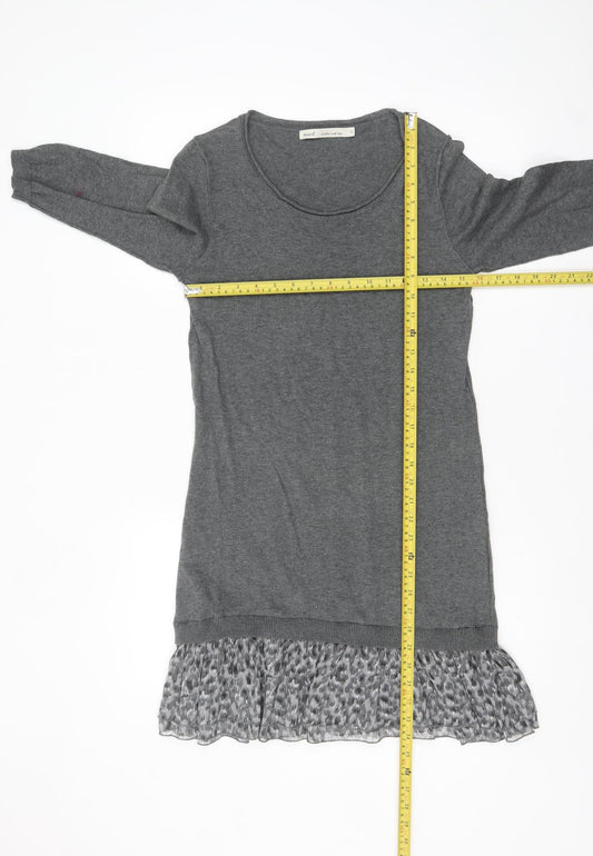 Next Women Grey Jumper Dress Size 10 3/4 Sleeve Ruffle Hem Knit