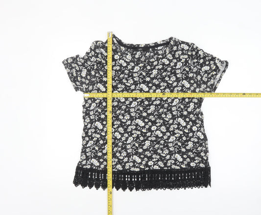 Next Womens Black Floral Crochet Hem Cotton T-Shirt Size 12