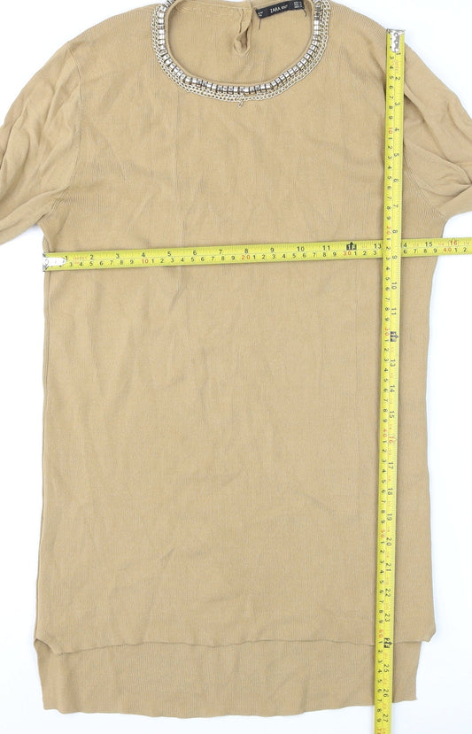 Zara Women Beige Beaded Crew Neck Knit Jumper Size 12