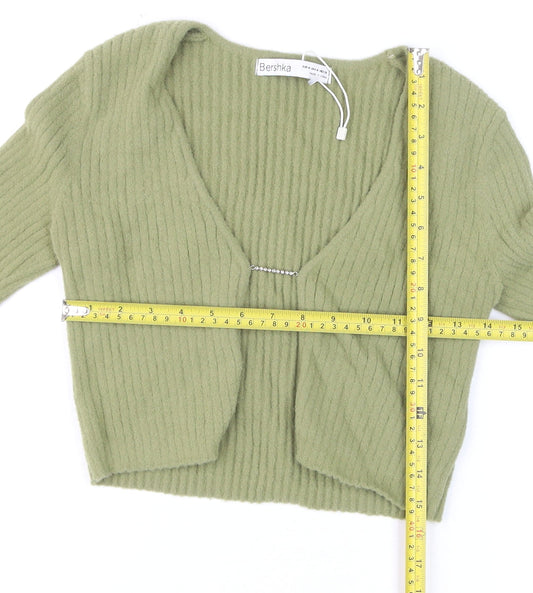 Bershka Women’s Green V-Neck Ribbed Cardigan Size 12
