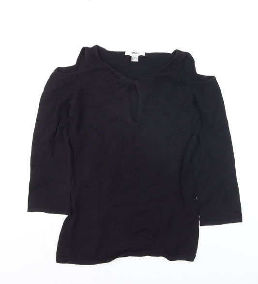 Mango Women's Black Cold Shoulder Blouse Size S Jersey V-Neck