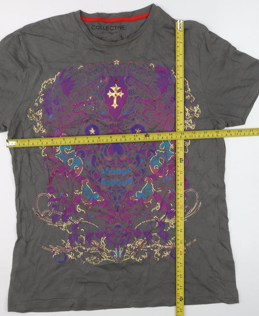 Collective Los Angeles Men's Grey Skull Graphic Cotton T-Shirt M