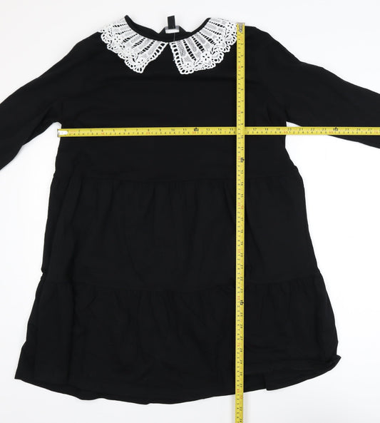 New Look Women's Black Shift Dress Size 14 Crochet Collar Long Sleeve