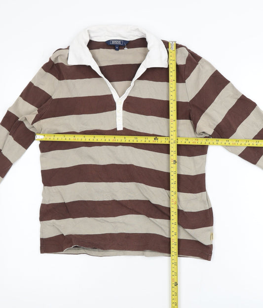 Maine New England Women Brown Striped Collared Long Sleeve Cotton Top Size 14