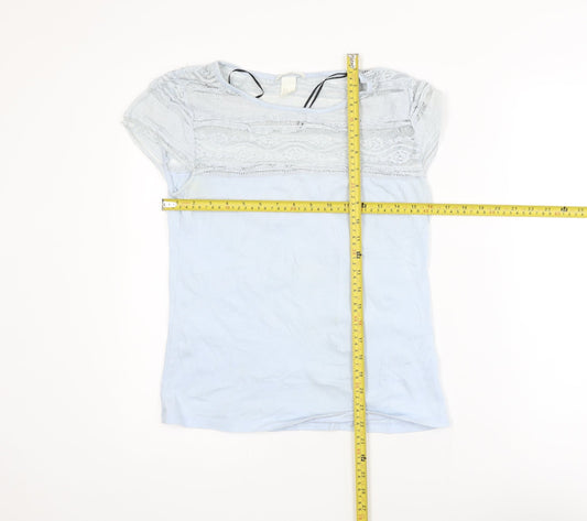 H&M Women’s Blue Lace Panel Short Sleeve Cotton T-Shirt Size 12