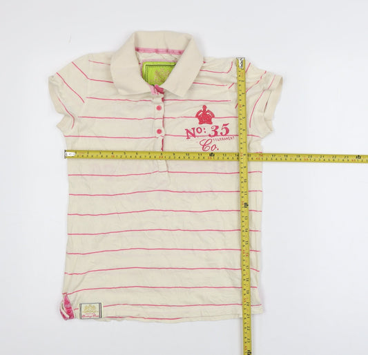 Next Girls Beige Pink Striped Polo T-Shirt Size 10 Cotton Casual Top