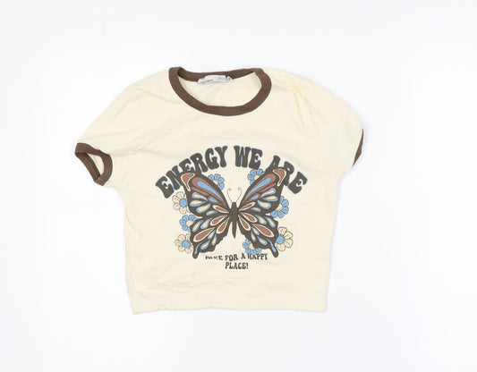 Pull & Bear Womens Beige Butterfly Ringer T-Shirt Size M