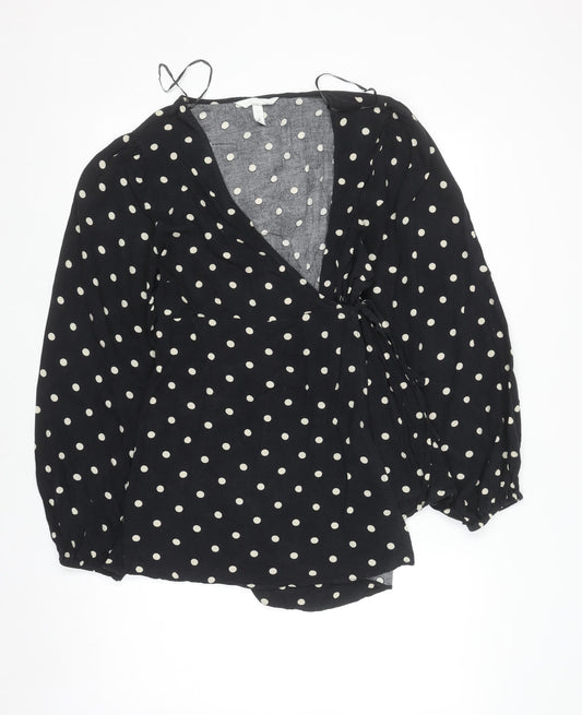 H&M Women’s Black Polka Dot Wrap Blouse Size M Long Sleeve V-Neck