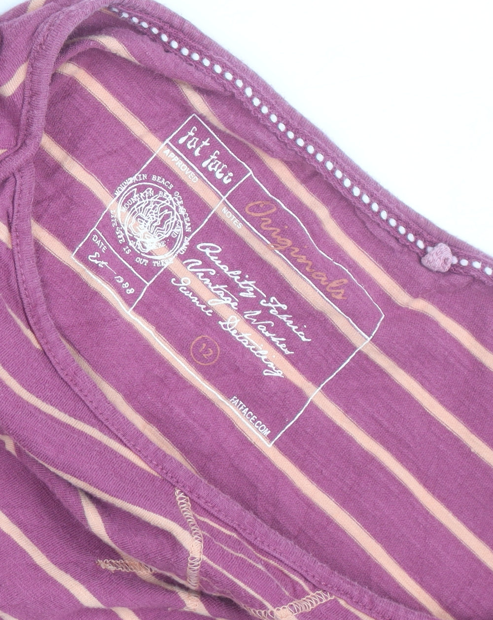 Fat Face Women’s Pink Striped 3/4 Sleeve Cotton T-Shirt Size 12