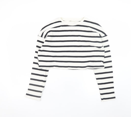 Pull&Bear Womens Black White Striped Cropped Long Sleeve Top Size S