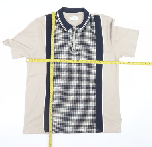 Easy Mens Beige and Navy Houndstooth Polo T-Shirt Size L Cotton Retro
