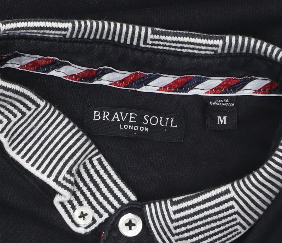Brave Soul Men's Black Cotton Polo Shirt M Button Collar Casual