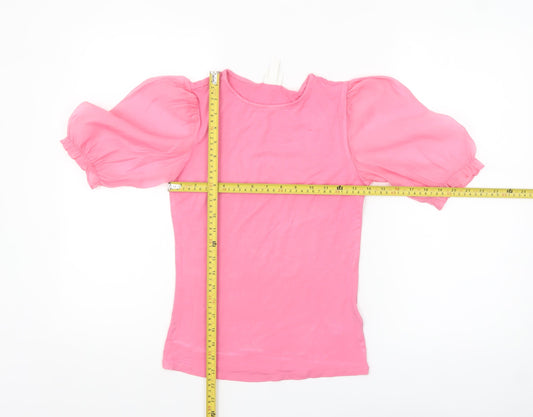 H&M Women Pink Puff Sleeve Crew Neck Cotton Blend T-Shirt XS