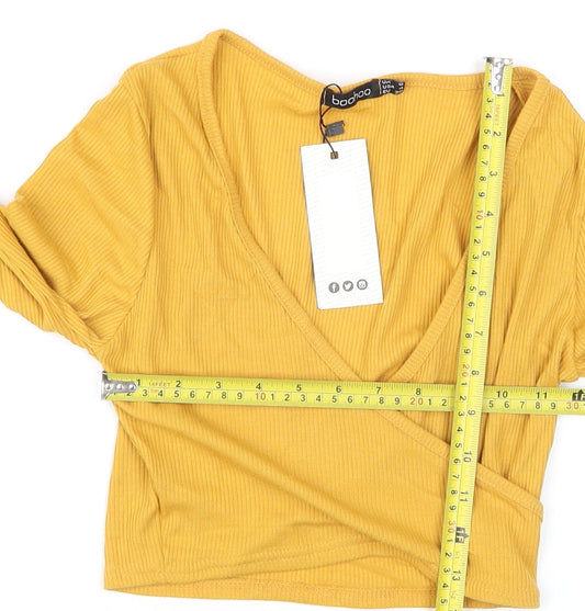 Boohoo Women’s Yellow Cropped Wrap Blouse Size 6 Long Sleeve