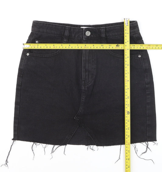 Pull & Bear Women’s Black Denim Mini Skirt Size S High Rise Frayed Hem