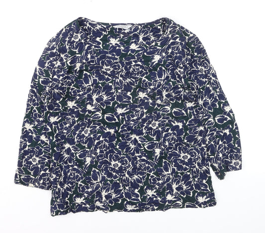 Classic Women's Blue Floral Tunic Blouse Size 14 Viscose Stretch 3/4 Sleeve