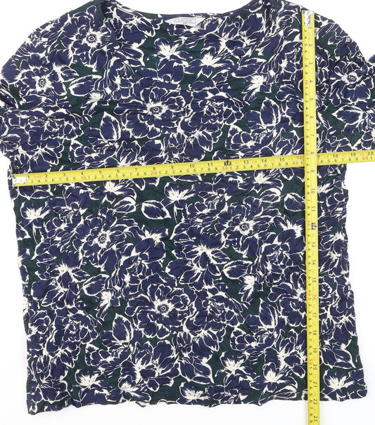 Classic Women's Blue Floral Tunic Blouse Size 14 Viscose Stretch 3/4 Sleeve