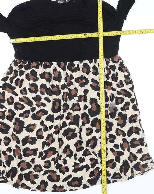 Boohoo Womens Black Leopard Skater Dress Size 12 Long Sleeve