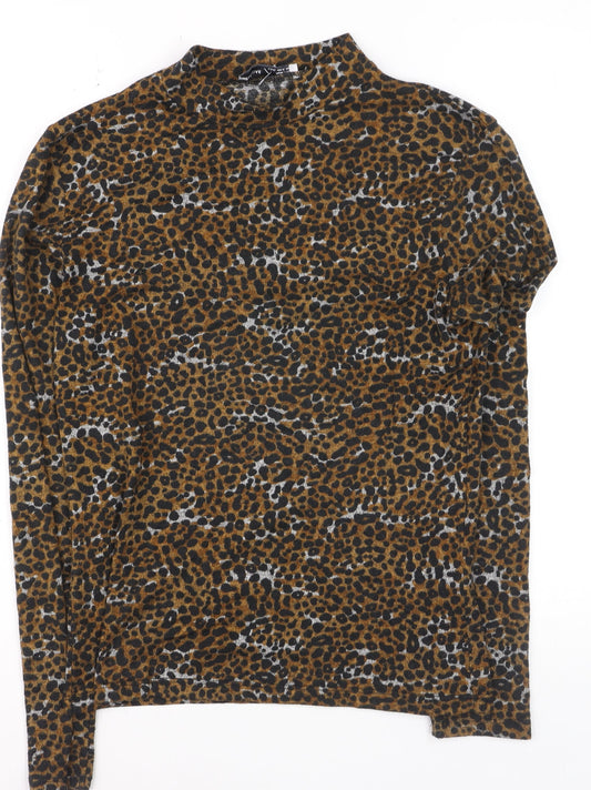 Pull&Bear Women’s Brown Leopard Mock Neck Long Sleeve Stretch Top Size 10