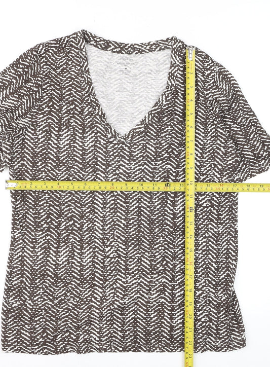 Banana Republic Women Brown Geometric V-Neck Short Sleeve T-Shirt M