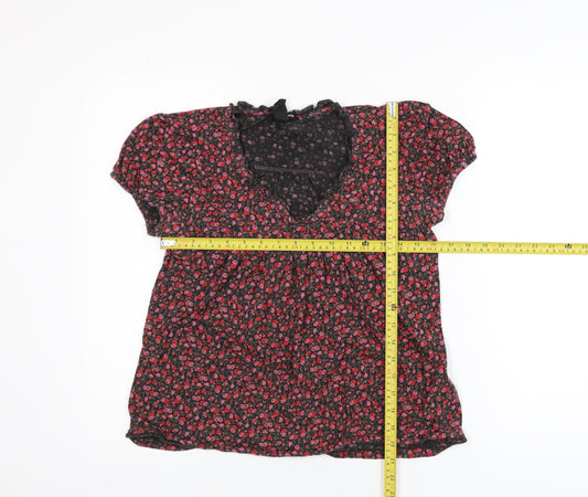 H&M Women's Black Floral Cotton Tunic Blouse Size 12