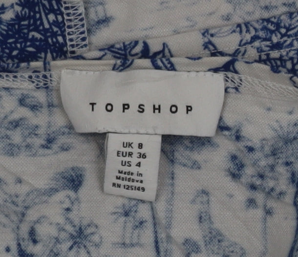Topshop Women Blue Off Shoulder Cropped Button Blouse Size 8