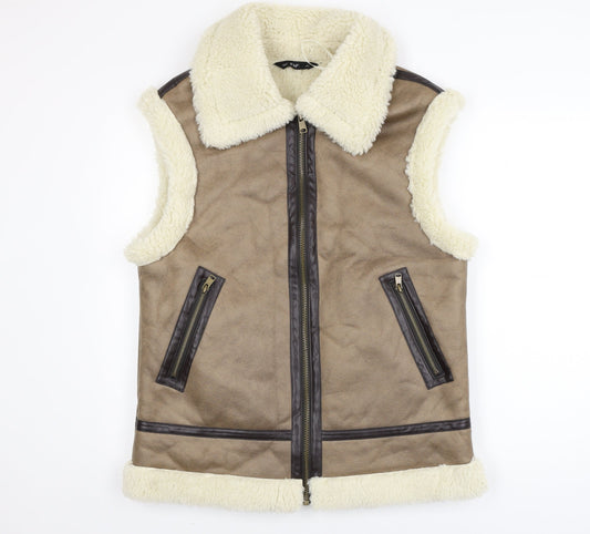 F&F Women Beige Faux Shearling Lined Zip Waistcoat Size S