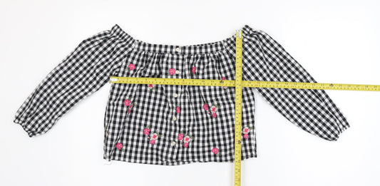 Hollister Women's Black Gingham Floral Off Shoulder Blouse XS