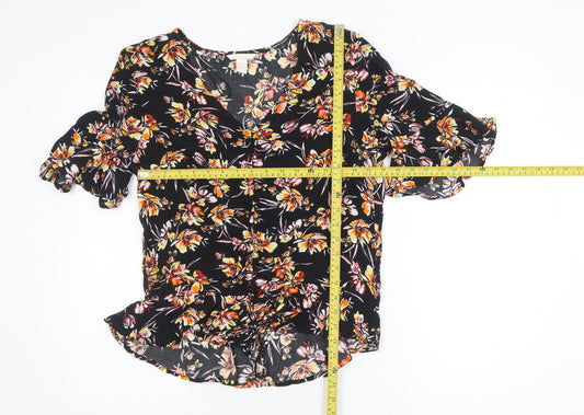 H&M Womens Black Floral V-Neck Blouse Size 10 Ruffle Short Sleeve Viscose