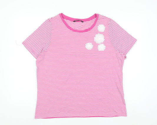 Bonmarché Women Pink Striped Embroidered Short Sleeve T-Shirt Size 18