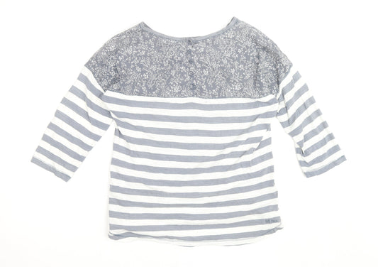 FatFace Women's Grey White Striped Floral 3/4 Sleeve Cotton Top Size 12