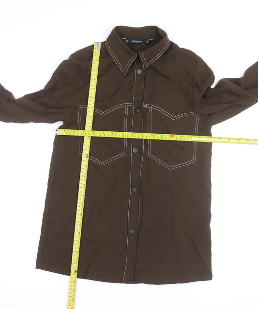 Zara Women Brown Long Sleeve Button-Up Shirt XS Basic Style