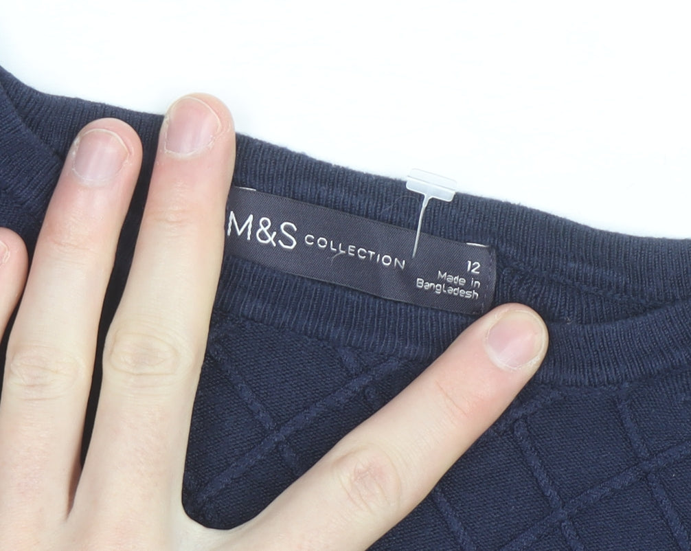 Marks and Spencer Women's Blue Size 12 Diamond Knit Crew Neck Jumper