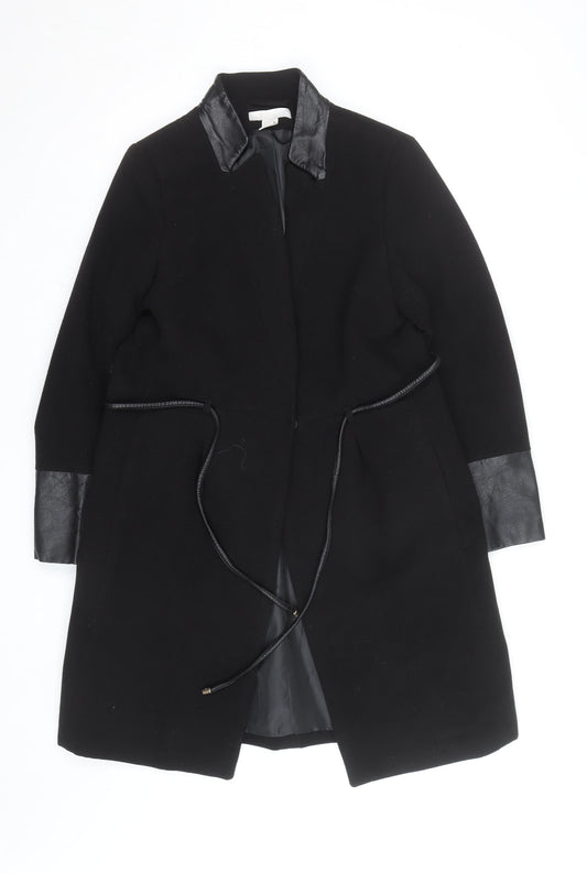 H&M Women's Black Wool Overcoat with Faux Leather Trim Size 12
