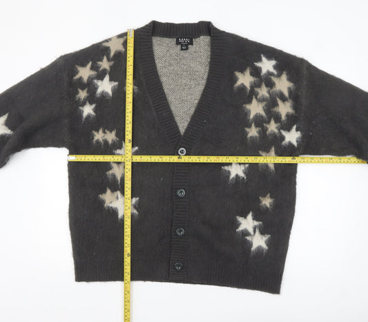 boohooMAN Men's Black Star Print Chunky Knit Cardigan M