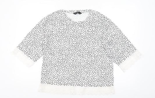 F&F Women White Black Polka Dot Lace Trim Blouse Size 14