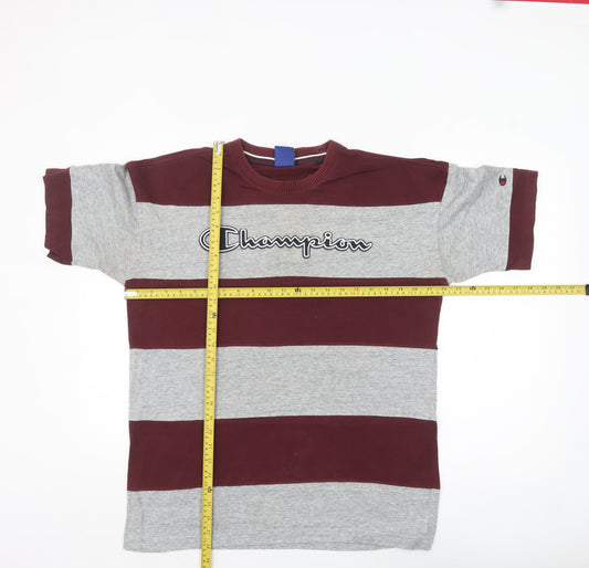 Champion Men's Grey & Red Striped Crew Neck Short Sleeve T-Shirt Size S